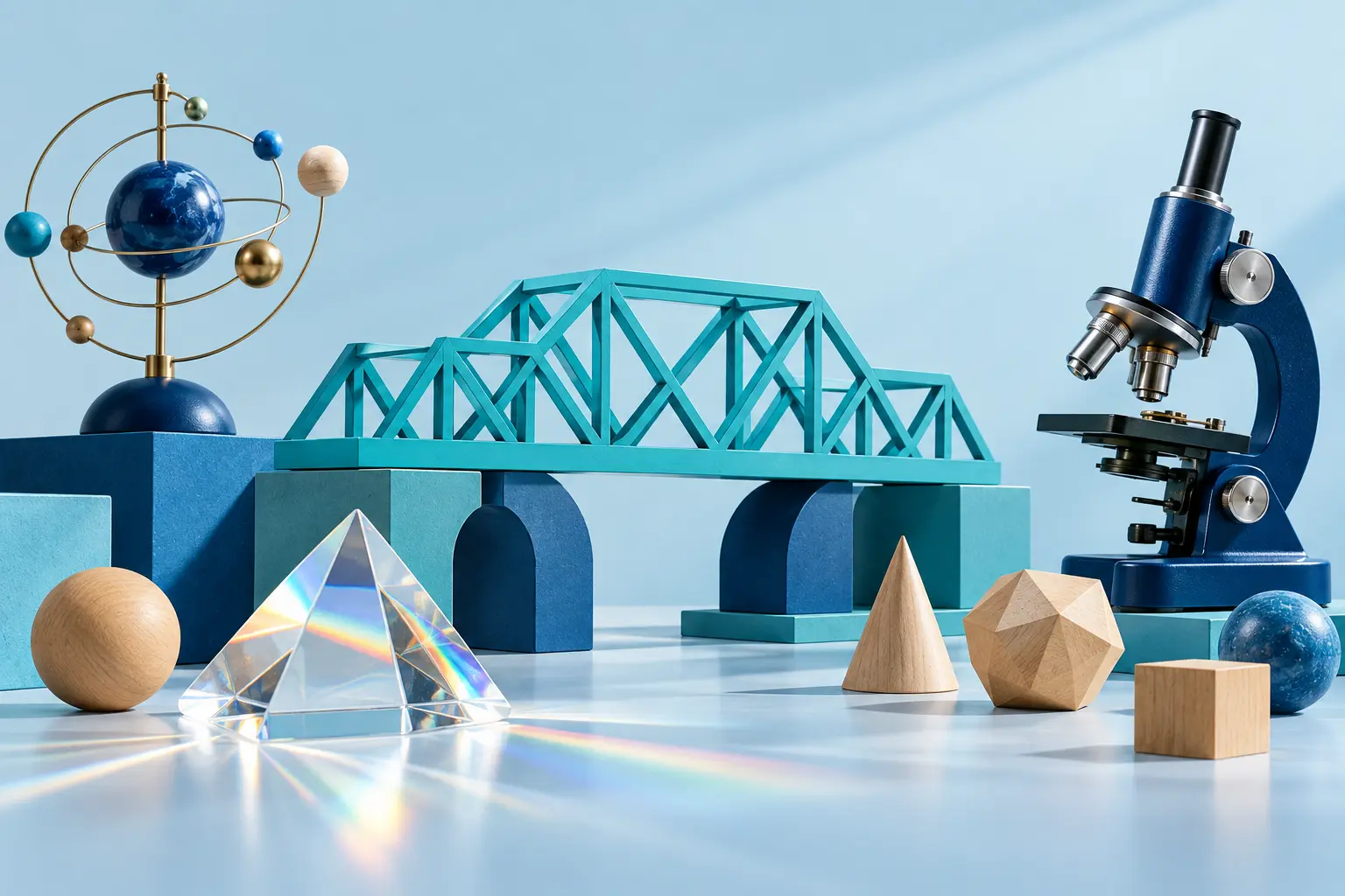 Illustration of a microscope, geometric bridge, prism, and mathematical shapes.